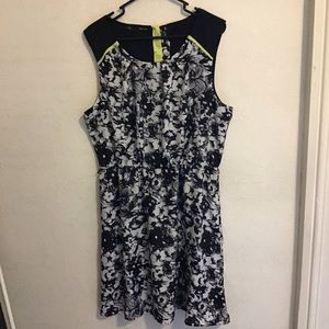 Black White Floral Dress Elastic Waist Neon Accent
